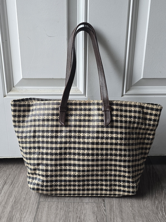 Talbots Handbags - Talbots Paper Straw Woven Tote Bag Black Cream Plaid Genuine Leather